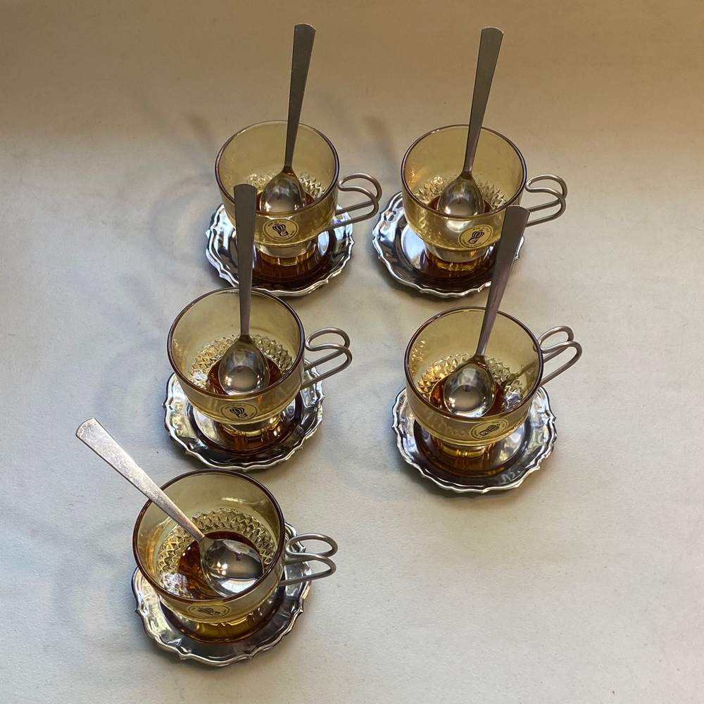 Amber Glass coffee Cup and Silver-Tone Saucer Set with Spoons - Set of 5